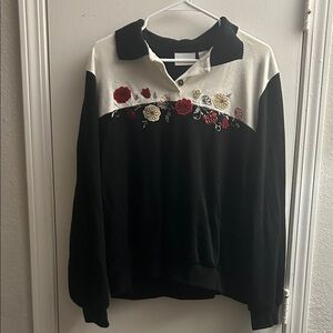 Alfred Dunner Black and Cream Floral Embroidered Bowling Sweater